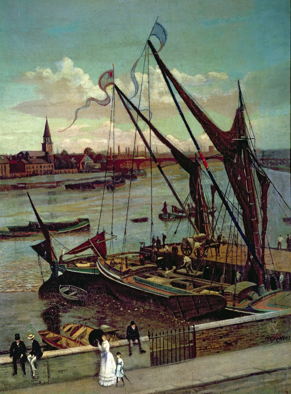 बजरा उतारना, लिंडसे जेट्टी और बैटरसी चर्च, c.1860 द्वारा वाल्टर ग्रीव्स