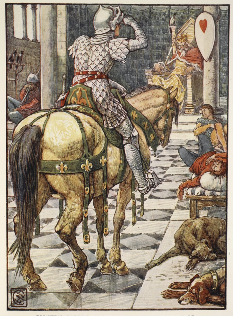 Percival, हेनरी गिल्बर्ट के पहले संस्करण, 1911 के &39;स्टोरीज ऑफ द राउंड टेबल की कहानियां&39; से बीटिंग हार्ट की शील्ड प्राप्त करता है। द्वारा वाल्टर क्रेन