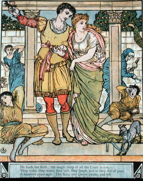 राजकुमारी को बचाते हुए राजकुमार, चार्ल्स पेरौल्ट (1628-1703) द्वारा 'स्लीपिंग ब्यूटी' के लिए चित्रण (रंग उत्कीर्णन) द्वारा वाल्टर क्रेन