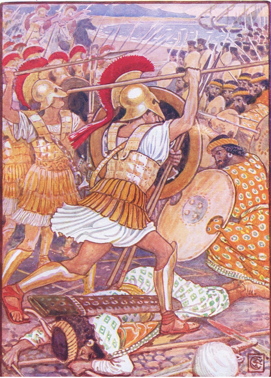 वे १ ९ ३० के दशक की द स्टोरी ऑफ़ ग्रीस से चित्रण, जबरदस्त बल के साथ फारसी सेना में दुर्घटनाग्रस्त हो गए द्वारा वाल्टर क्रेन