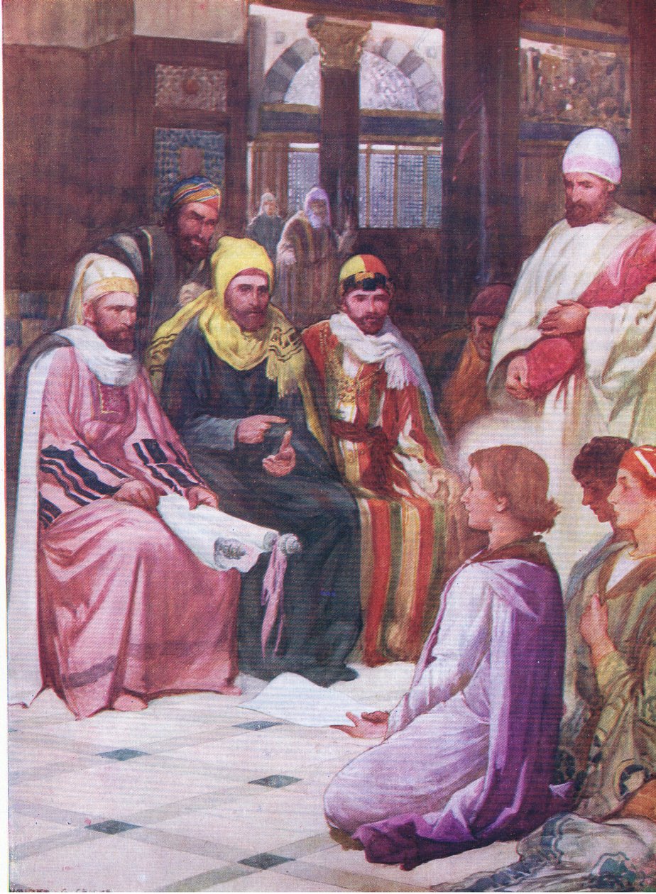 मंदिर में लड़का यीशु, थॉमस नेल्सन द्वारा प्रकाशित द बाइबल पिक्चर बुक से, c.1950 द्वारा वाल्टर ग्रिवे