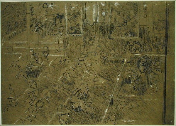 'द ओल्ड मिडलसेक्स' के दर्शकों के लिए अध्ययन c.1906-07 (भूरे और सफेद क्रेयॉन, भूरे रंग के कागज पर कलम और काली स्याही) द्वारा वाल्टर रिचर्ड सिकर्ट