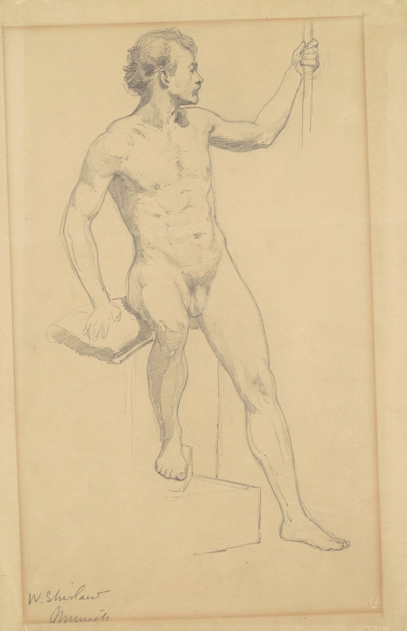 बैठा नर नग्न, c.1870-77 (विंग पेपर पर ग्रेफाइट) द्वारा वाल्टर शिरलाव