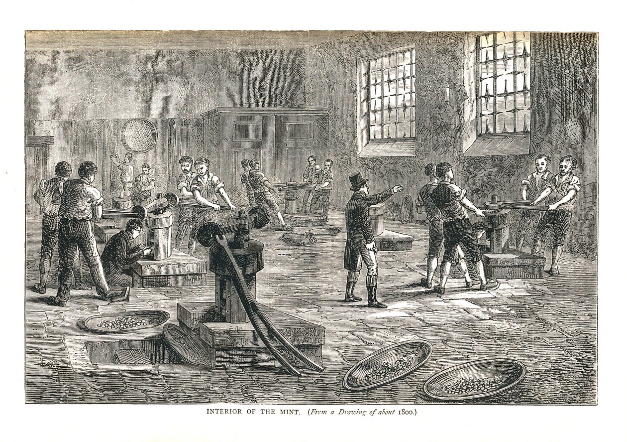 लगभग 1800, 1878 की ड्राइंग से मिंट का इंटीरियर द्वारा वाल्टर थॉर्नबरी