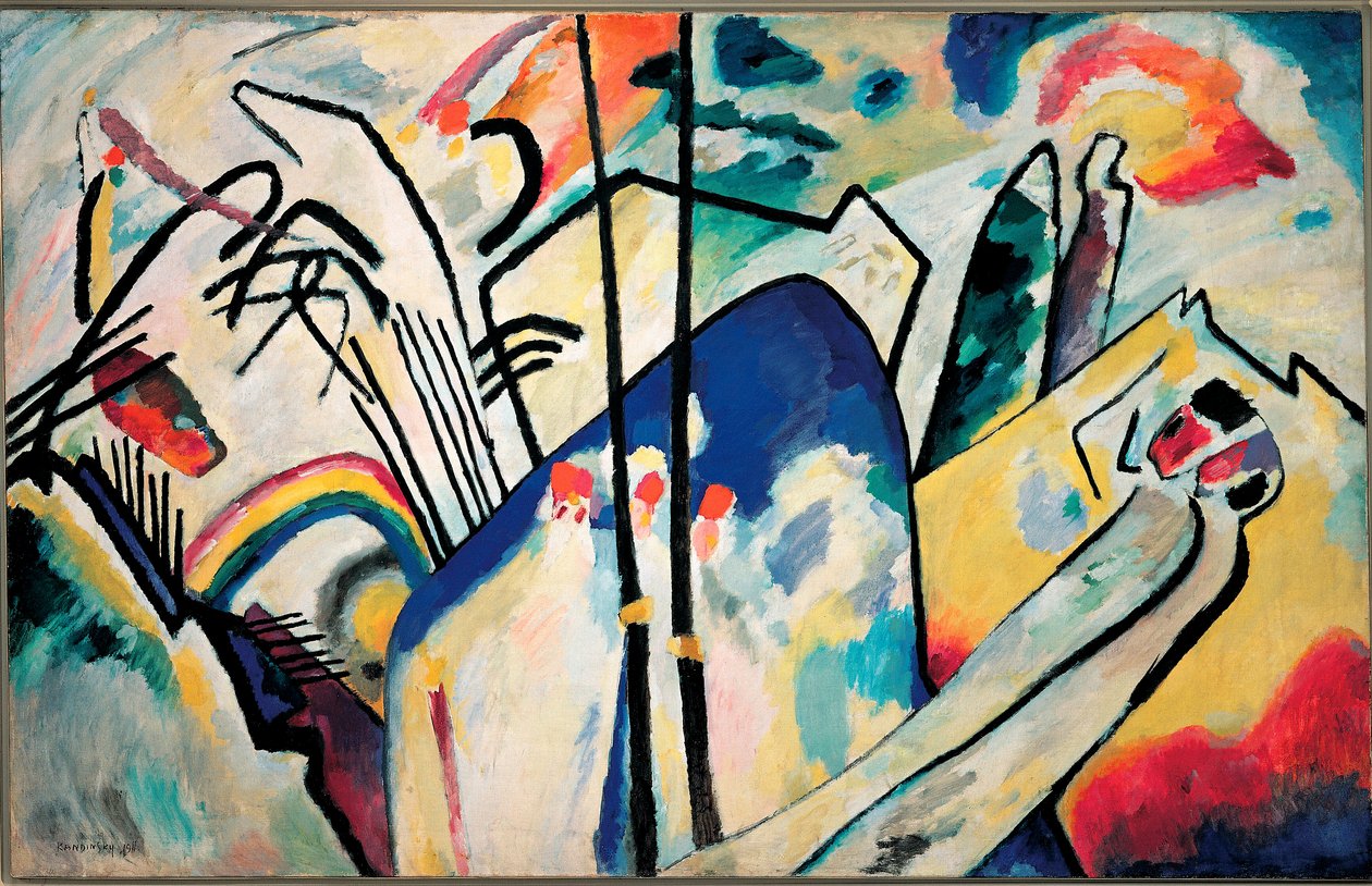 Vassily Kandinsky (या Wassily Kandinski or Kandinskij, 1866-1944) 1911 Dim द्वारा रचना IV पेंटिंग। 160x250 सेमी डूसरडॉल्फ, कुन्स्ट्सम्लुंग नॉर्डिन-वेस्टफलेन द्वारा वासिली कैंडिंस्की