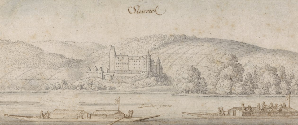 डेन्यूब पर स्टीयरेक का दृश्य, c.1636 (कागज पर धोने के साथ कलम और भूरी स्याही) द्वारा Wenceslaus Hollar