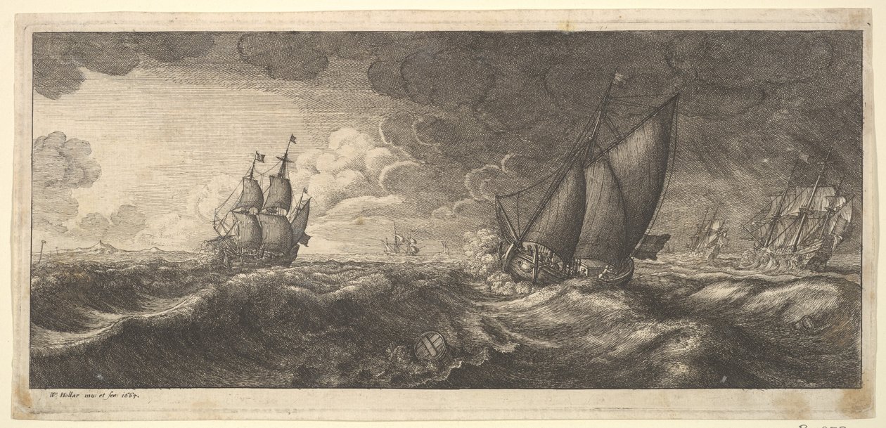एक नौका और तीन युद्धपोत, 1665 में। द्वारा Wenceslaus Hollar