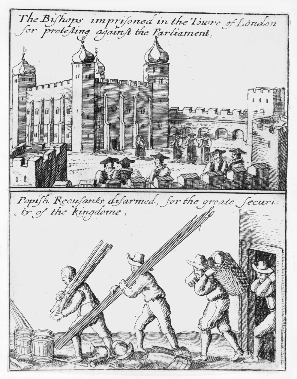 लंदन के टॉवर में कैद बिशप; पोपिश पुनरावर्ती निहत्थे द्वारा Wenceslaus Hollar