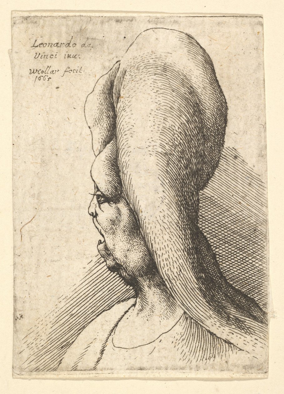 एक दांत के साथ एक विकृत वृद्ध महिला की बस्ट, बाईं ओर 1665। द्वारा Wenceslaus Hollar