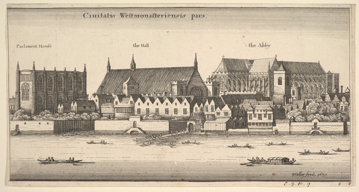 वेस्टमिंस्टर शहर का हिस्सा, नदी से वेस्टमिंस्टर, 1647 द्वारा Wenceslaus Hollar