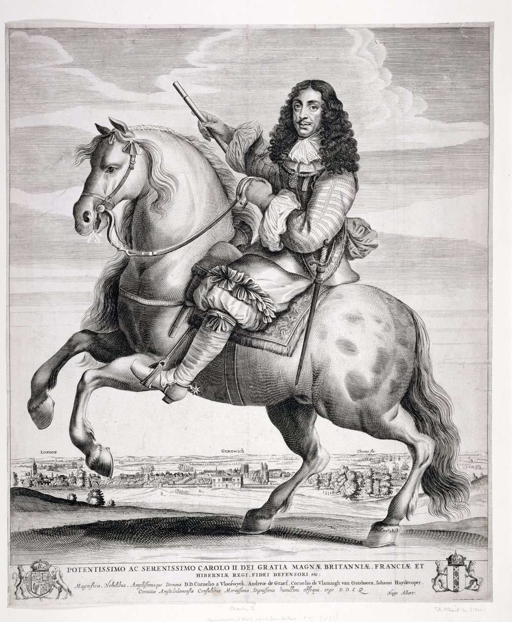 लैंडस्केप के साथ चार्ल्स द्वितीय (1630-85) के अश्वारोही पोर्ट्रेट, c.1670 प्रकाशित द्वारा Wenceslaus Hollar