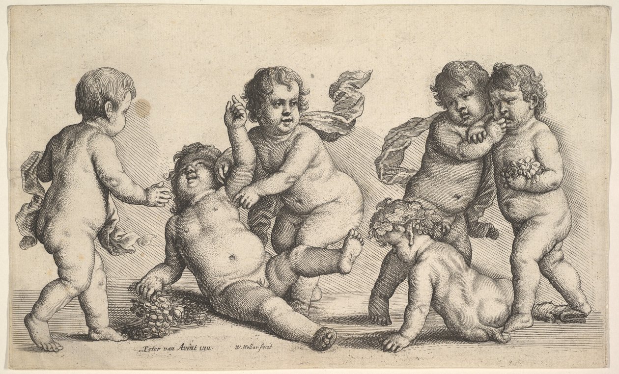 पांच लड़के और एक व्यंग्य, 1646। द्वारा Wenceslaus Hollar
