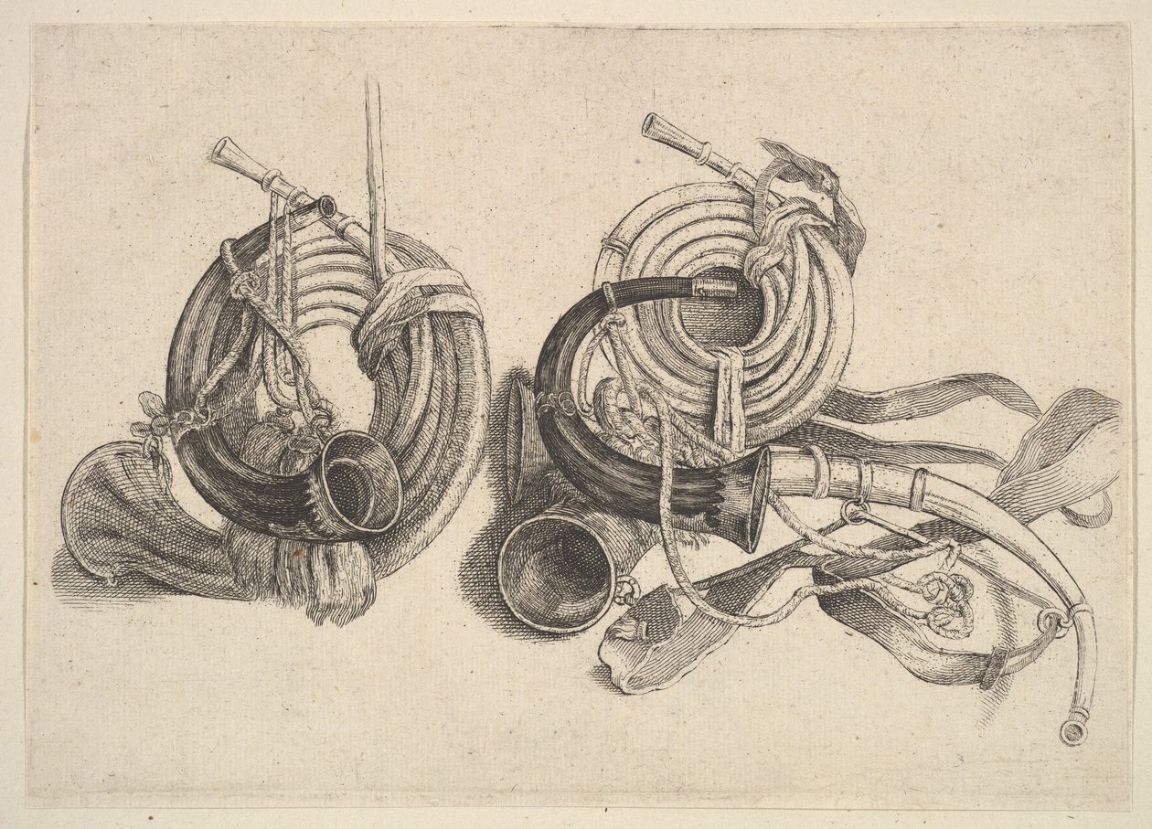 पांच शिकार सींग, 1625-77। द्वारा Wenceslaus Hollar
