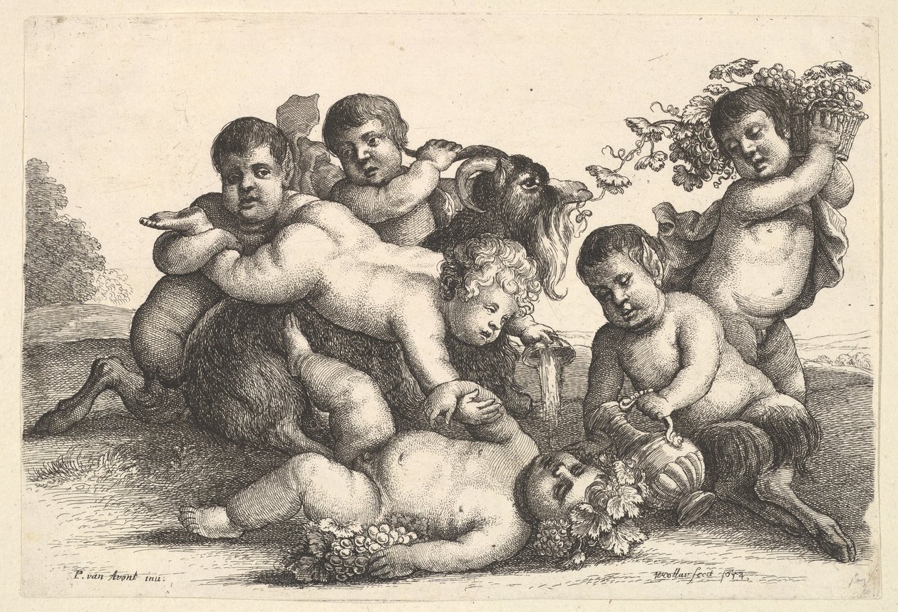चार लड़के, दो व्यंग्य और एक बकरी, 1654। द्वारा Wenceslaus Hollar