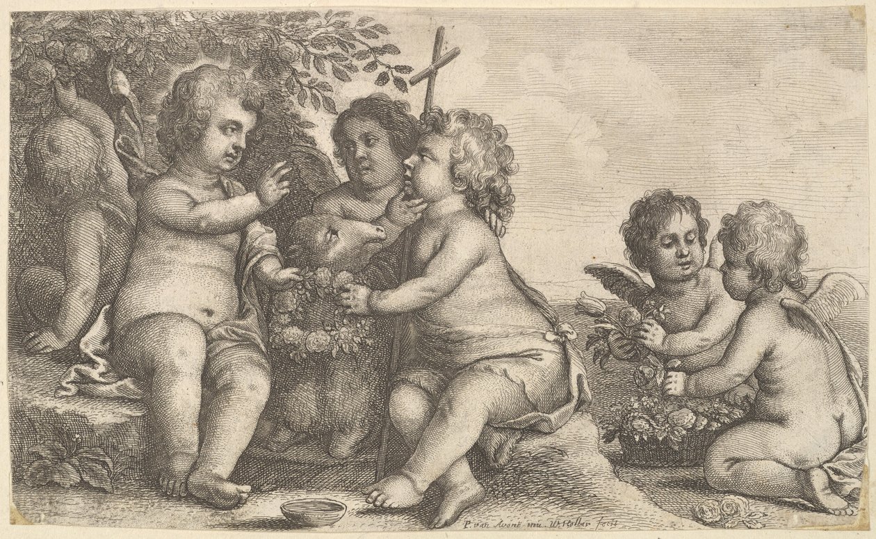 जीसस, सेंट जॉन द बैप्टिस्ट और चार करूब, 1625-77। द्वारा Wenceslaus Hollar