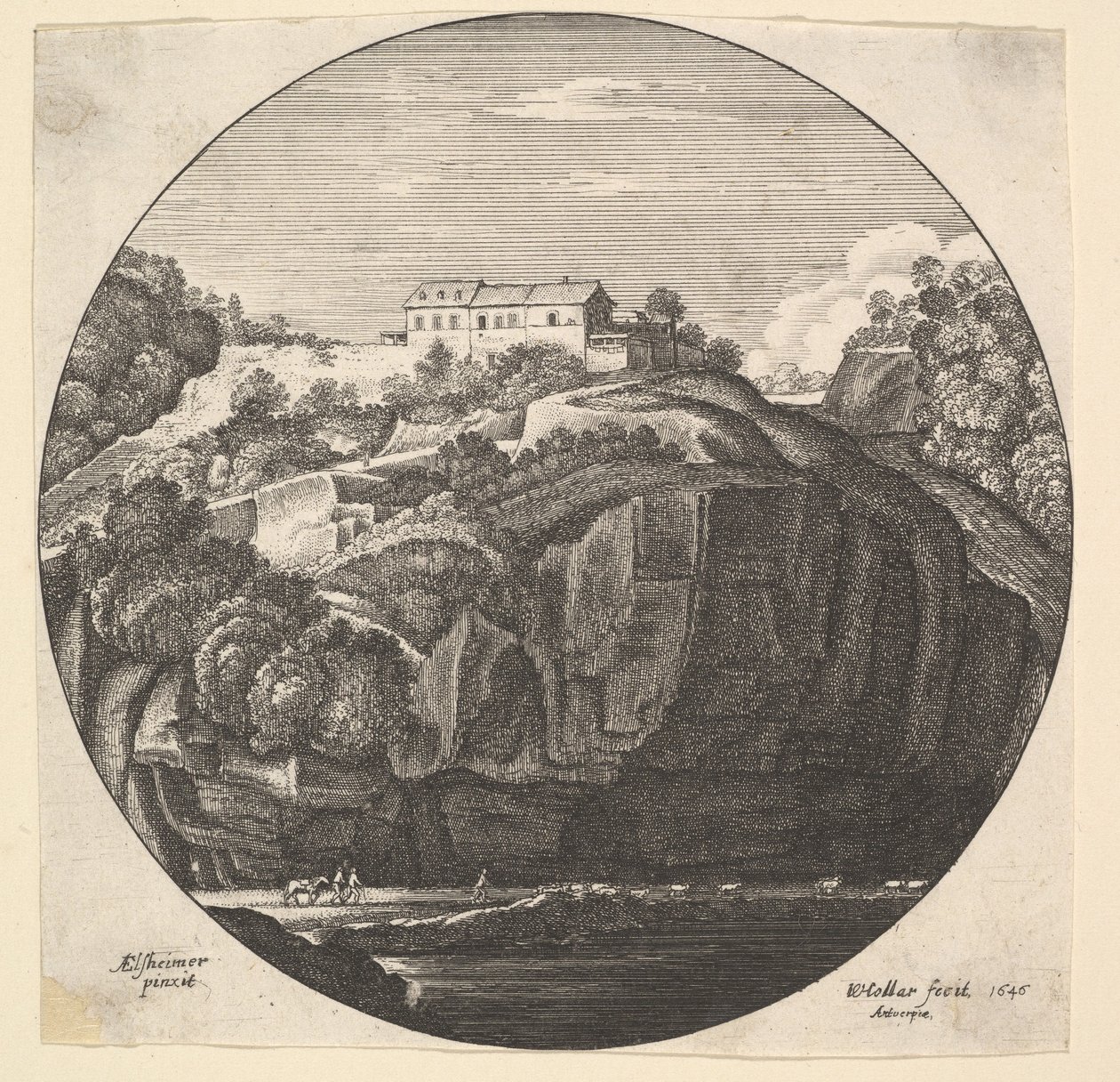 चट्टानों पर एक घर के साथ लैंडस्केप, 1646। द्वारा Wenceslaus Hollar