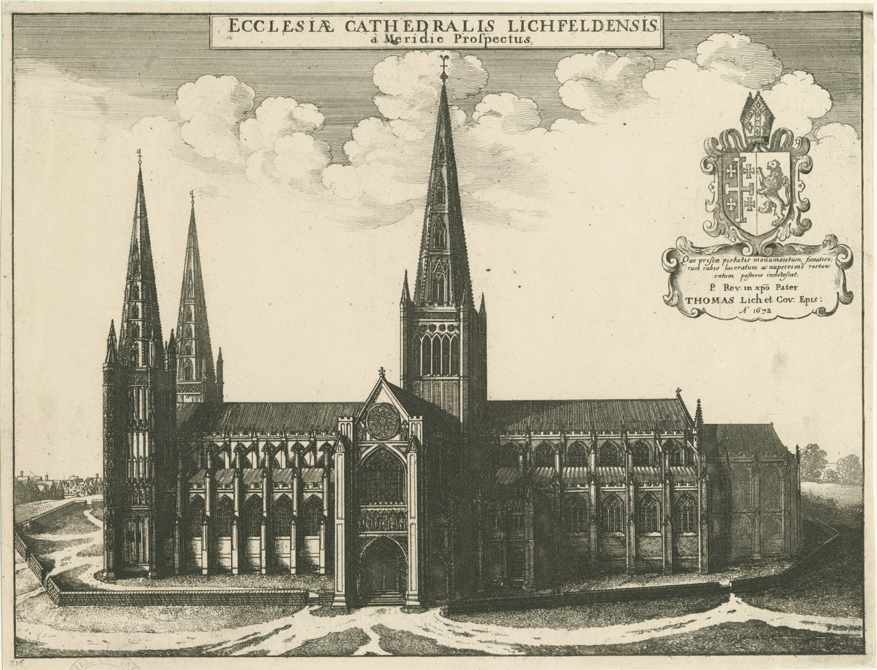 लिचफील्ड कैथेड्रल - दक्षिण दृश्य: उत्कीर्णन, 1672 द्वारा Wenceslaus Hollar