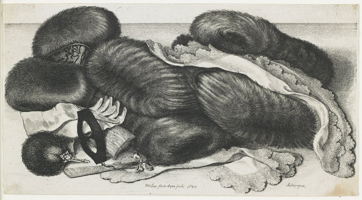एक टेबल पर कपड़े के मफ और लेख, 1647 द्वारा Wenceslaus Hollar