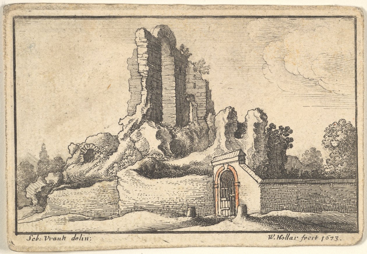 1673 में रोम में एस्क्विलाइन हिल पर खंडहर और एक वर्जित द्वार। द्वारा Wenceslaus Hollar