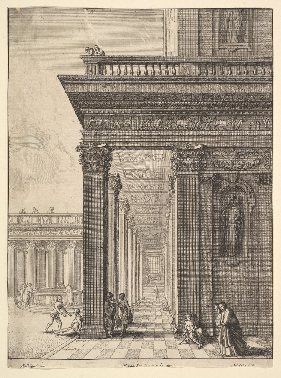 डेविड टेनियर्स द एल्डर, 1625-77 के बाद आंकड़ों के साथ मंदिर प्रांगण। द्वारा Wenceslaus Hollar