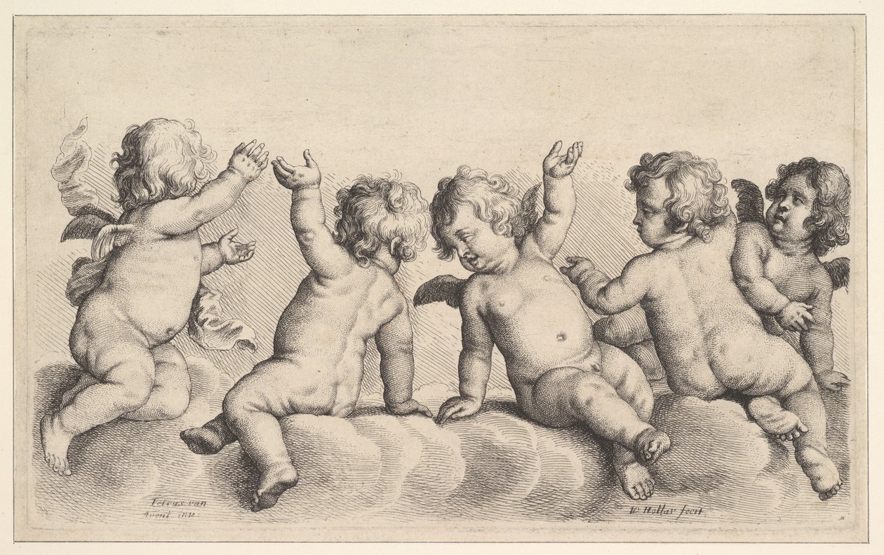 1620-77 के तीन बादल और दो लड़के बादलों पर। द्वारा Wenceslaus Hollar