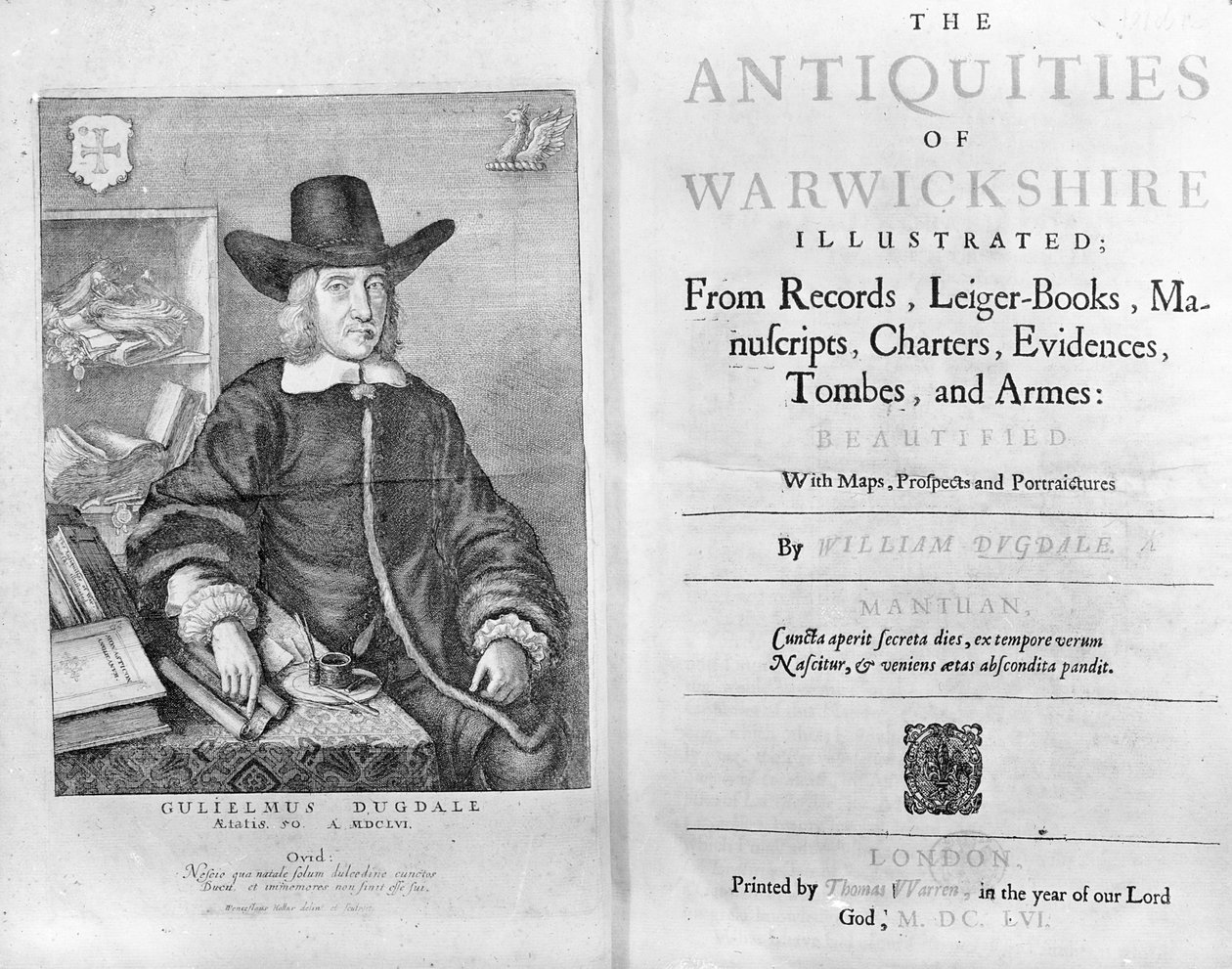 विलियम डगडेल, 1656 द्वारा &39;द एंटीक्विटीज ऑफ वारविकशायर&39; का टाइटलपेज और फ्रंटस्पाईज द्वारा Wenceslaus Hollar