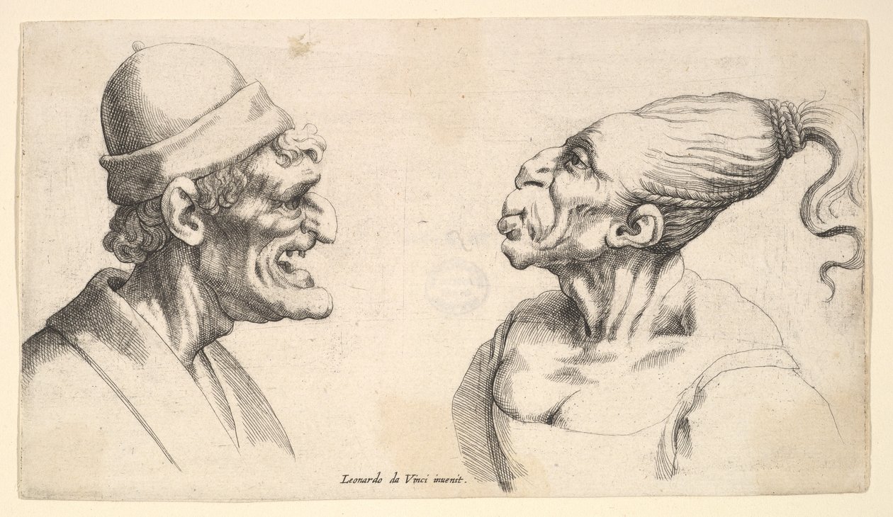 दो विकृत सिर, 1625-77। द्वारा Wenceslaus Hollar