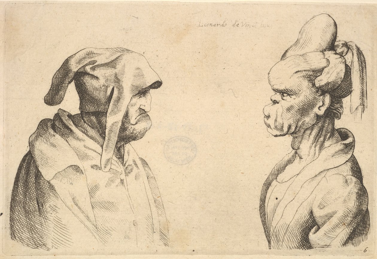 दो विकृत सिर एक-दूसरे के सामने, 1625-77। द्वारा Wenceslaus Hollar