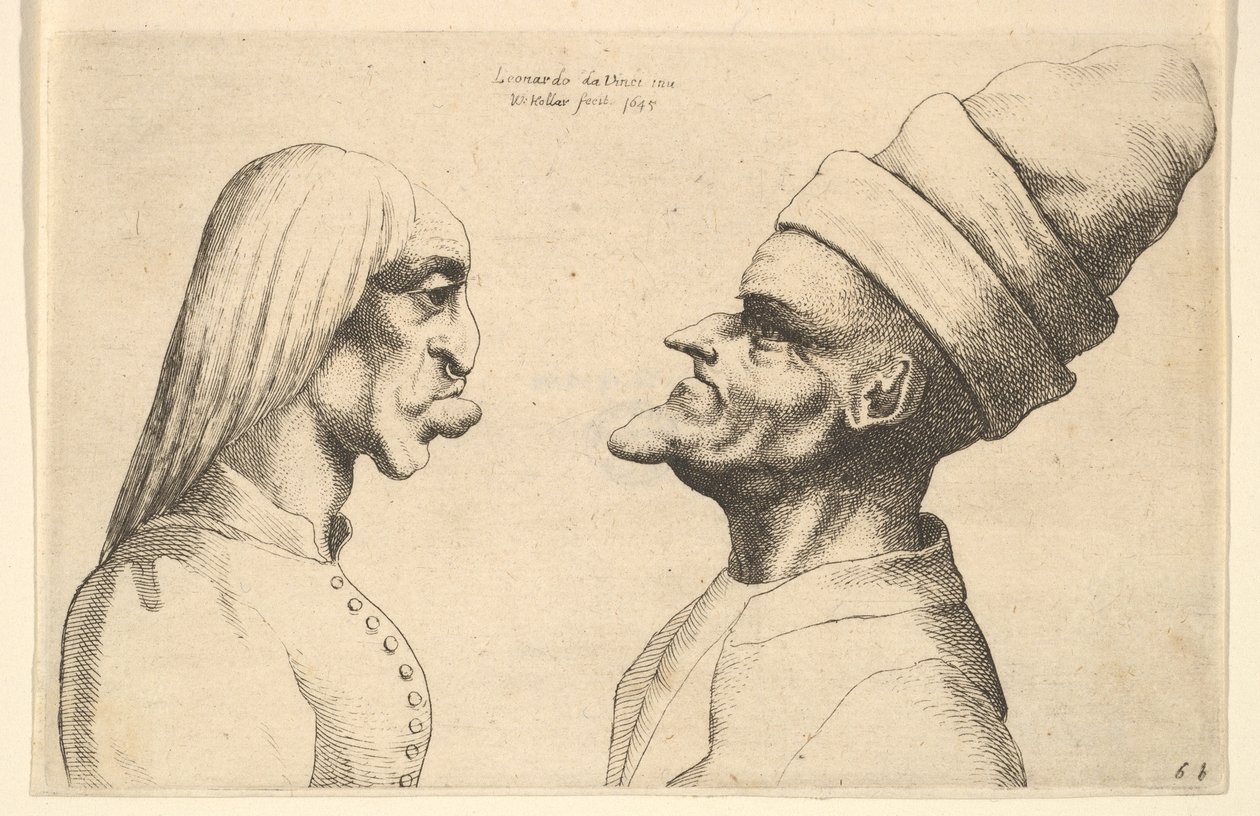 दो विकृत सिर एक दूसरे के सामने, 1645। द्वारा Wenceslaus Hollar