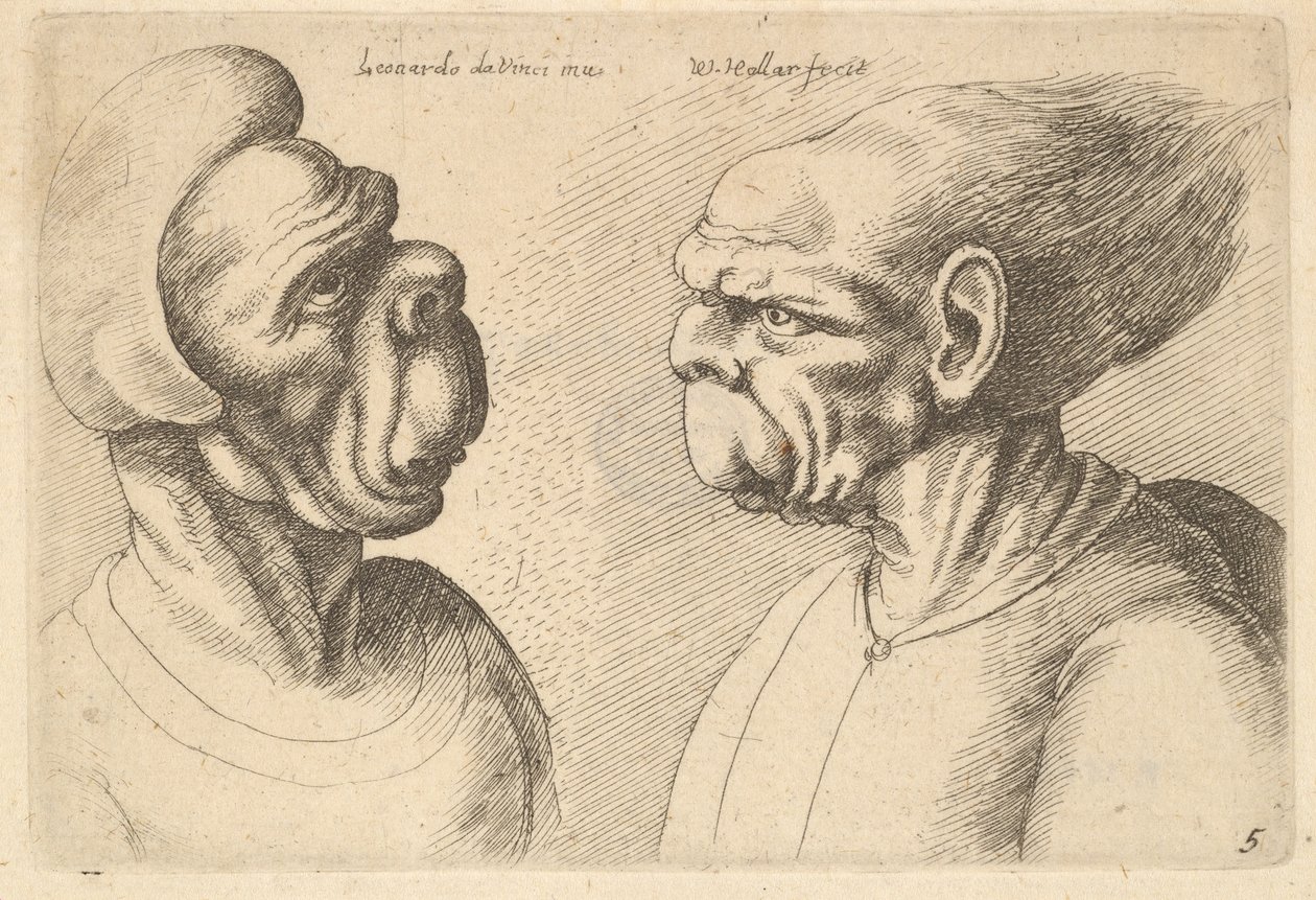 1625-77 की ओर दो विकृत मुखों का सामना करना पड़ रहा है। द्वारा Wenceslaus Hollar