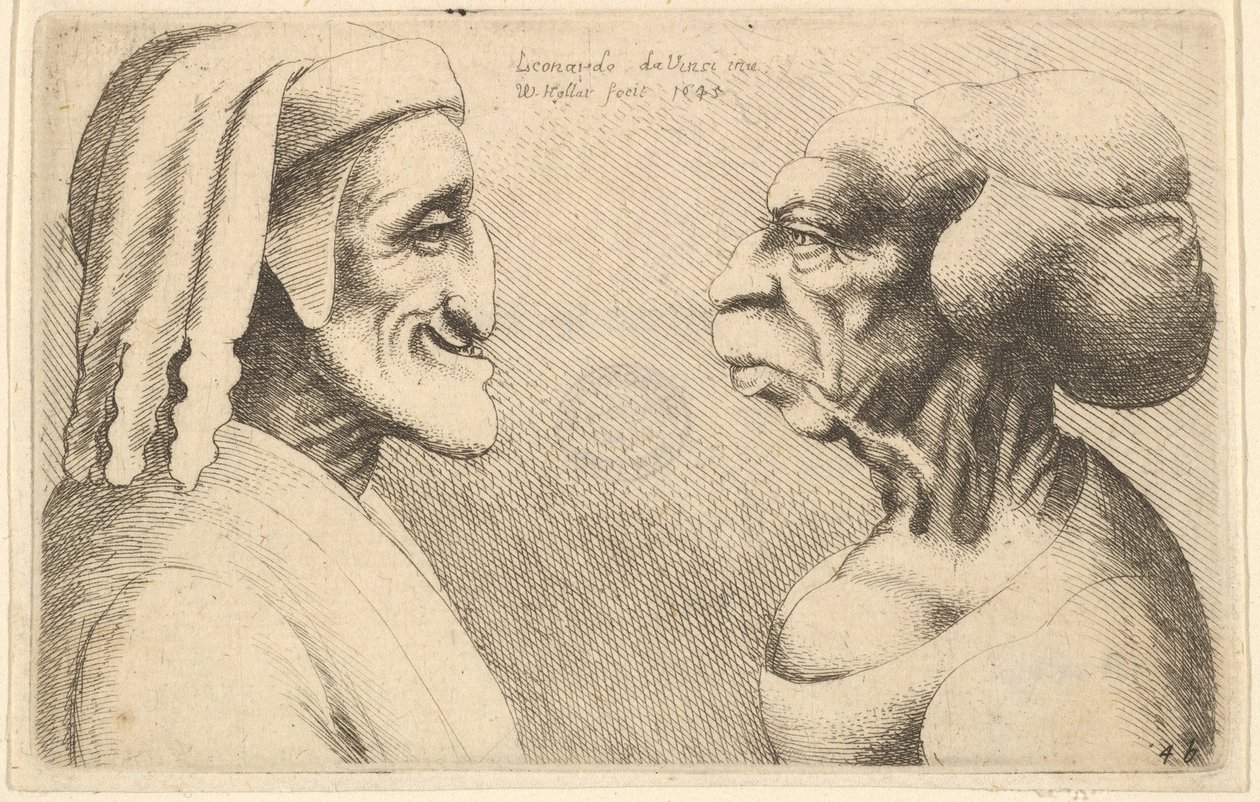 दो विकृत सिर बाईं ओर की आकृति संभवतः दांते का कैरिकेचर, 1645 है। द्वारा Wenceslaus Hollar
