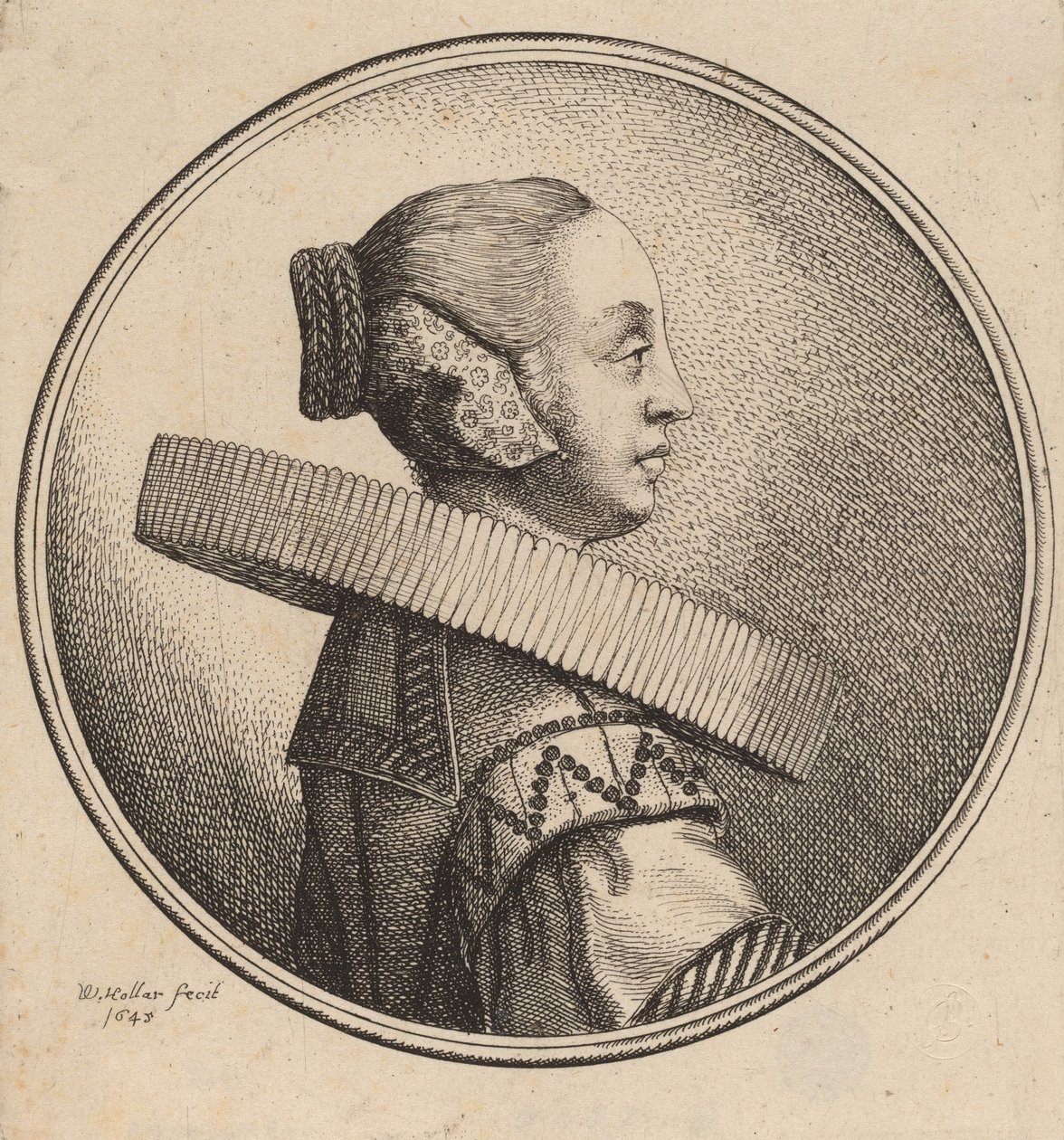 प्रोफाइल में रफ वाली महिला, 1643। द्वारा Wenceslaus Hollar
