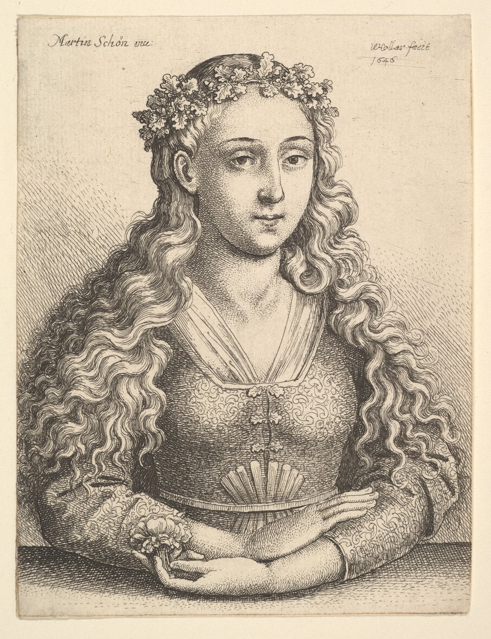 ओक लीव्स की पुष्पांजलि के साथ महिला, 1646। द्वारा Wenceslaus Hollar
