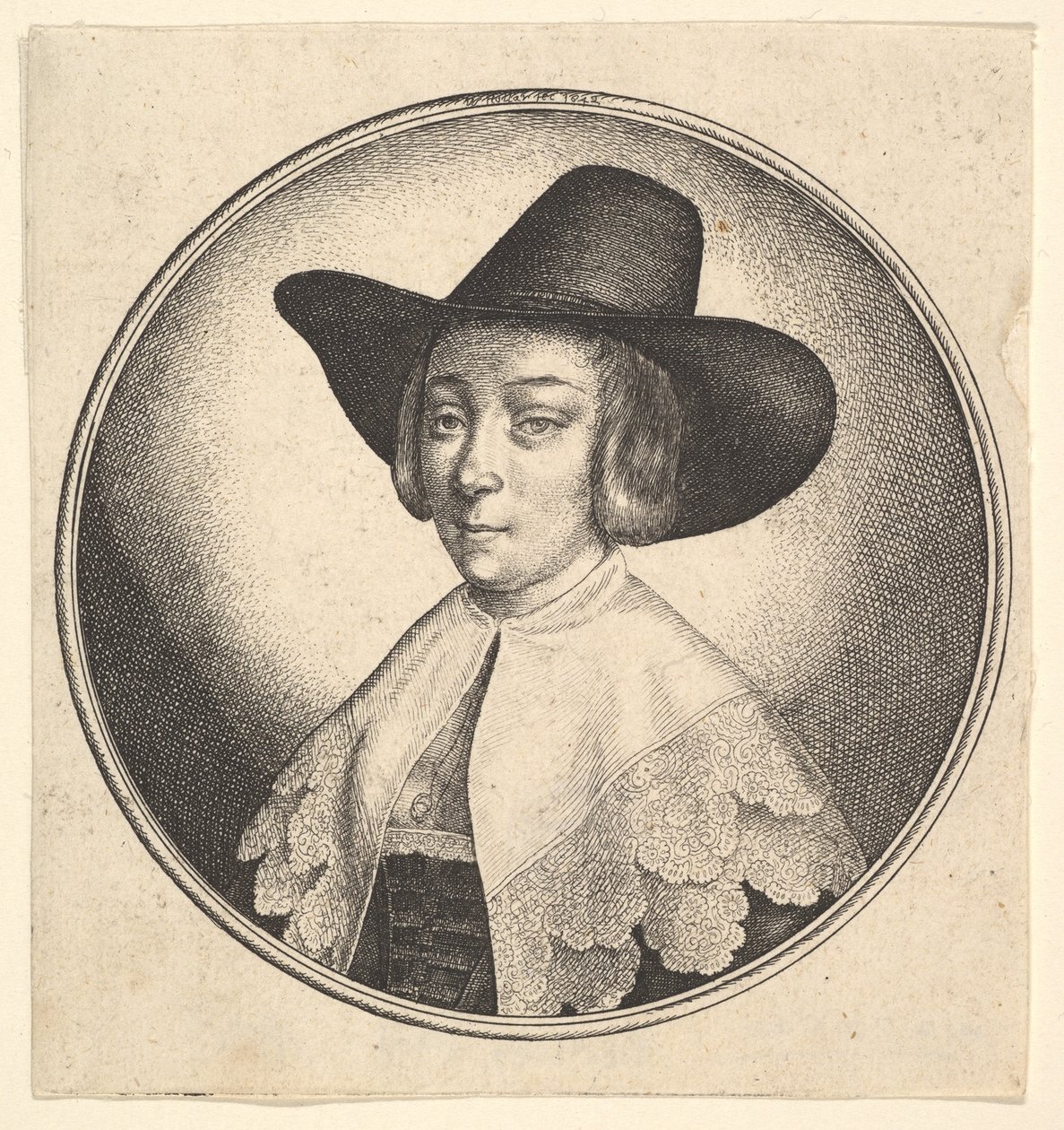 चौड़ी टोपी वाली महिला, 1642। द्वारा Wenceslaus Hollar