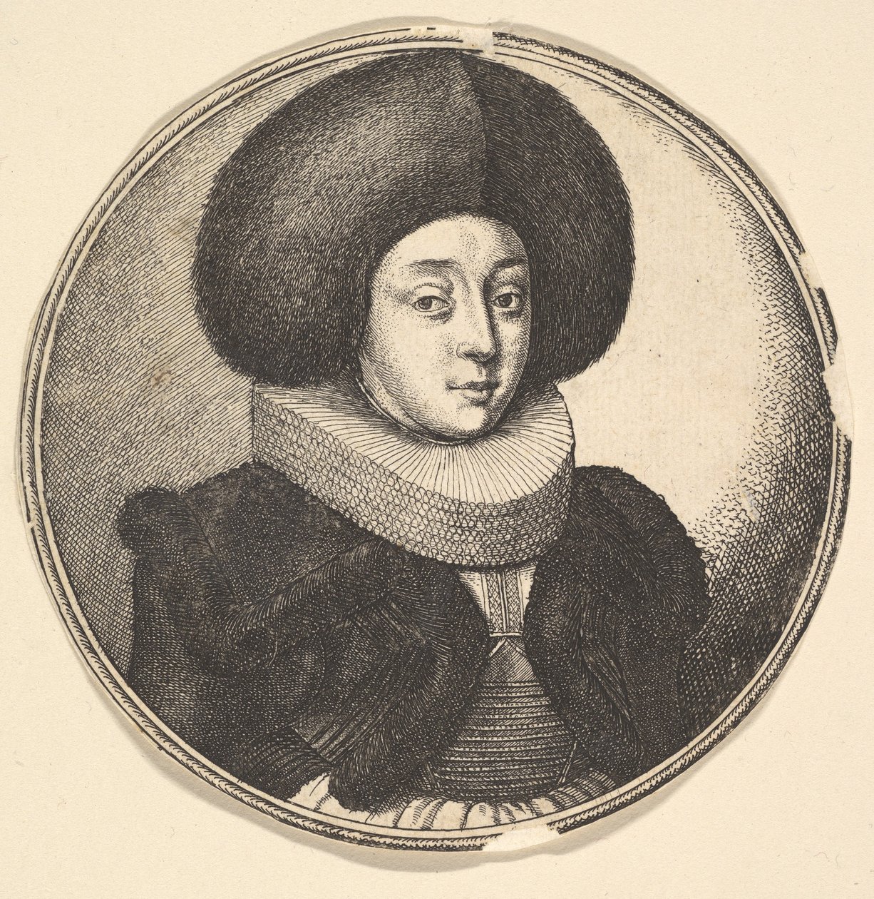 बड़े परिपत्र फर टोपी और फीता रफ के साथ महिला, 1645। द्वारा Wenceslaus Hollar