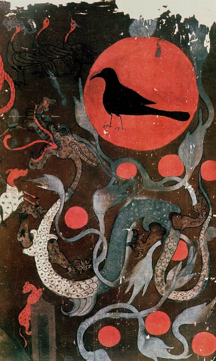 &39;द लीजेंड ऑफ द नाइन सन&39;, मकबराडुई, चंग-शा, हुनान प्रांत (रेशम पर स्याही और रंग) में टॉम्ब नं .1 से एक टी-आकार की पेंटिंग से विस्तार (विस्तार) द्वारा पश्चिमी हान राजवंश चीनी स्कूल