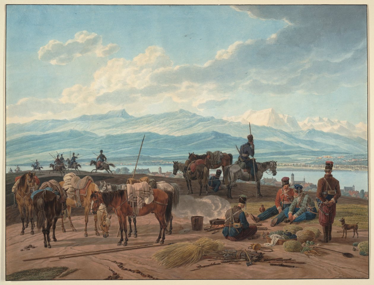 रूसी कोसैक्स का हाल्ट - कोबेल, विल्हेम, रिटर वॉन (1766-1853) - 1804 - कागज पर जल रंग - 36,8x48,2 - निजी संग्रह द्वारा विल्हेम अलेक्जेंडर कोबेल