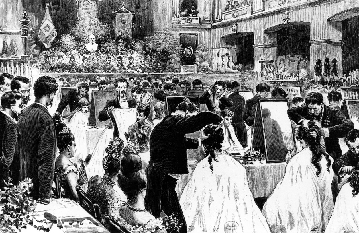 1887 में बर्लिन कॉन्सर्ट हाउस में जर्मन एसोसिएशन ऑफ हेयरड्रेसर द्वारा हेयरस्टाइल का प्रदर्शन द्वारा विल्हेम गीस्लर