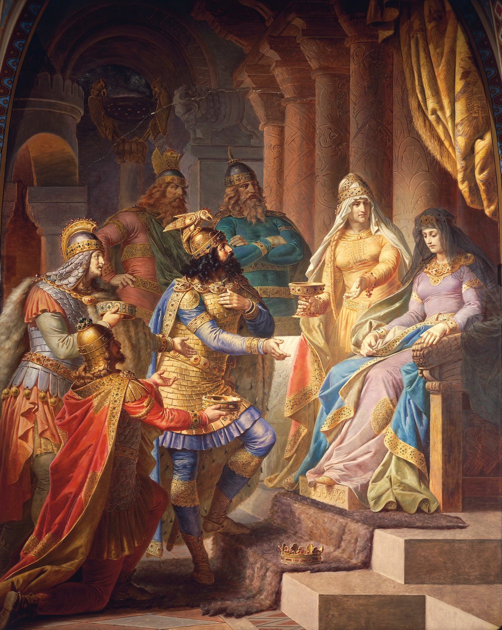 गुडरून ने गुडरून सागा, अपर हॉल, c.1883-84 (भित्तिचित्र) से हूणों के राजा अत्तिला से शादी करने की सहमति दी द्वारा विल्हेम होशचाइल्ड