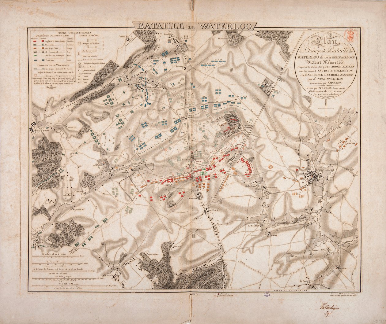 वाटरलू की लड़ाई, युद्धक्षेत्र का नक्शा, जैकोविक द्वारा उत्कीर्ण, 1816 द्वारा विलेम बेंजामिन क्रैन