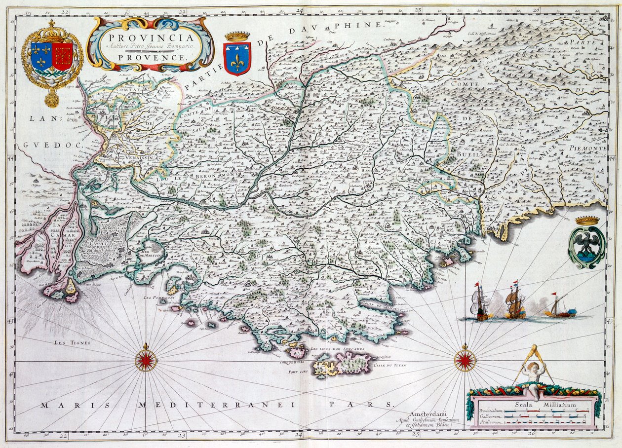 &39;प्रोविंसिया&39; या प्रोवेंस का नक्शा, अब दक्षिणी फ्रांस का हिस्सा है, 1638 (हाथ से बने नक्काशी) द्वारा विलेम जांज़ून ब्लाउ