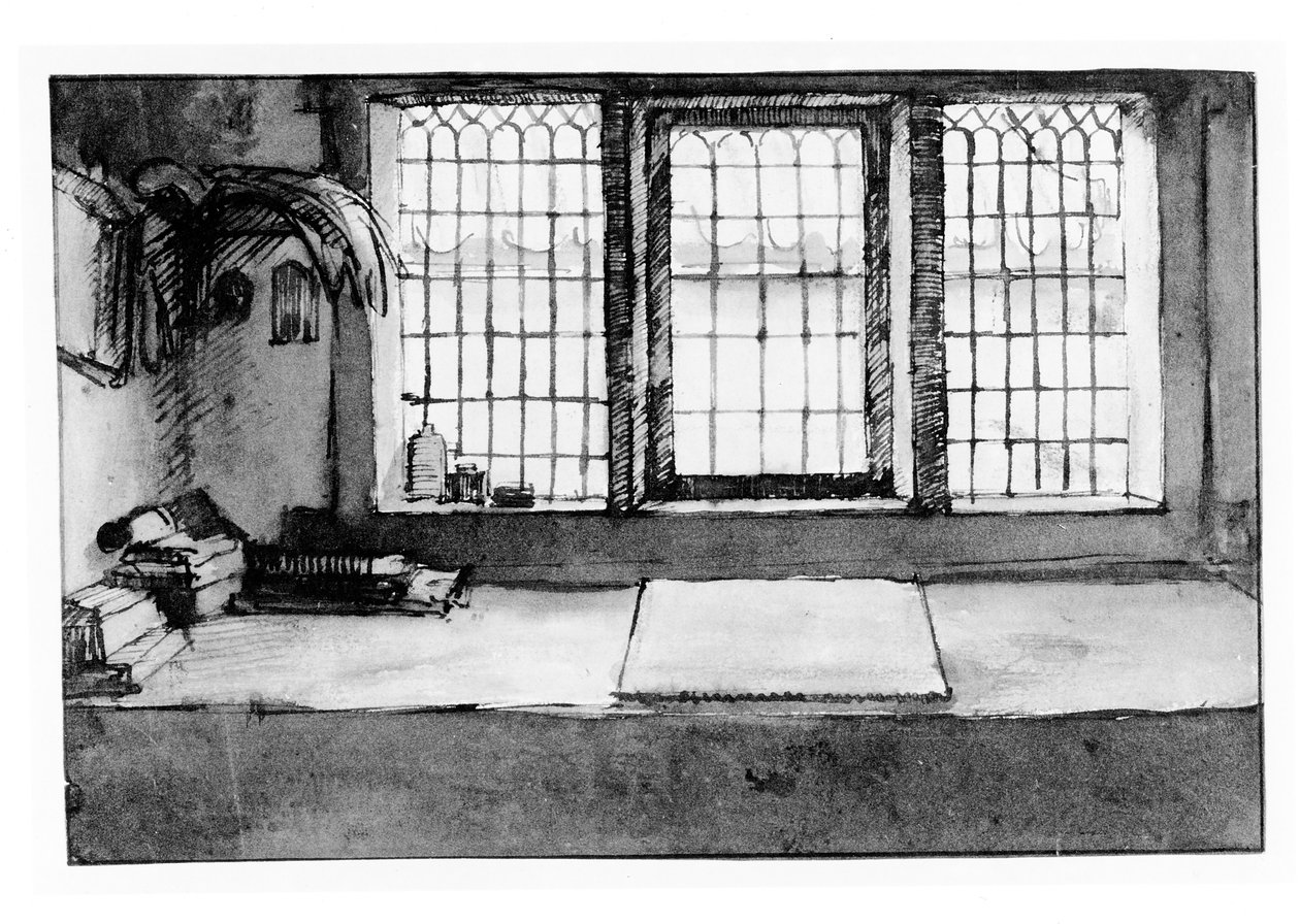 नदी पर दिखाई देने वाली खिड़की पर कलाकार का काम, c.1650 (कलम, कागज पर स्याही से धुलाई द्वारा विल्म ड्रॉस्ट