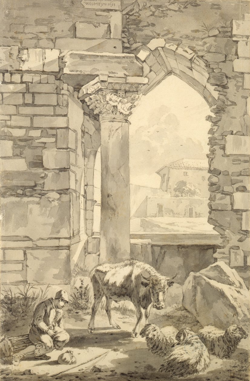खंडहर में एक गाय और भेड़ के साथ चरवाहा, 1693 (कागज पर कलम और ग्रे स्याही और पेंसिल) द्वारा विलेम रोमिन