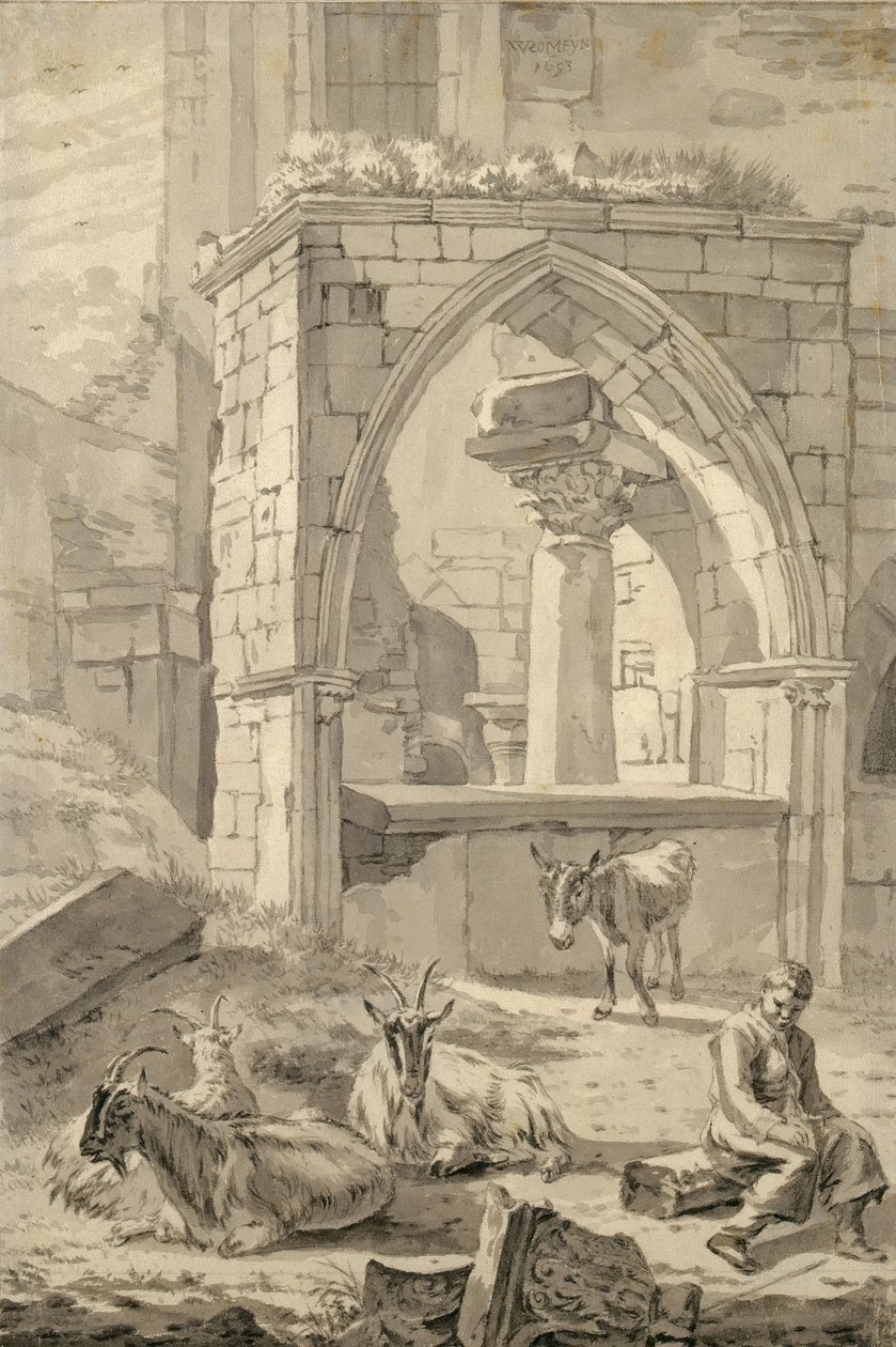 बकरियों के साथ चरवाहा और खंडहर के सामने एक गधा, 1693 (कागज पर कलम और ग्रे स्याही और पेंसिल) द्वारा विलेम रोमिन