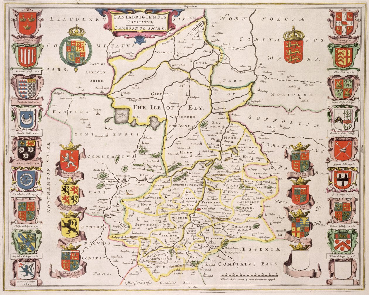 कैम्ब्रिजशायर का मानचित्र, एम्स्टर्डम c.1647-48 प्रकाशित (हाथ से रंगा हुआ उत्कीर्णन) द्वारा जोन ब्लाउ