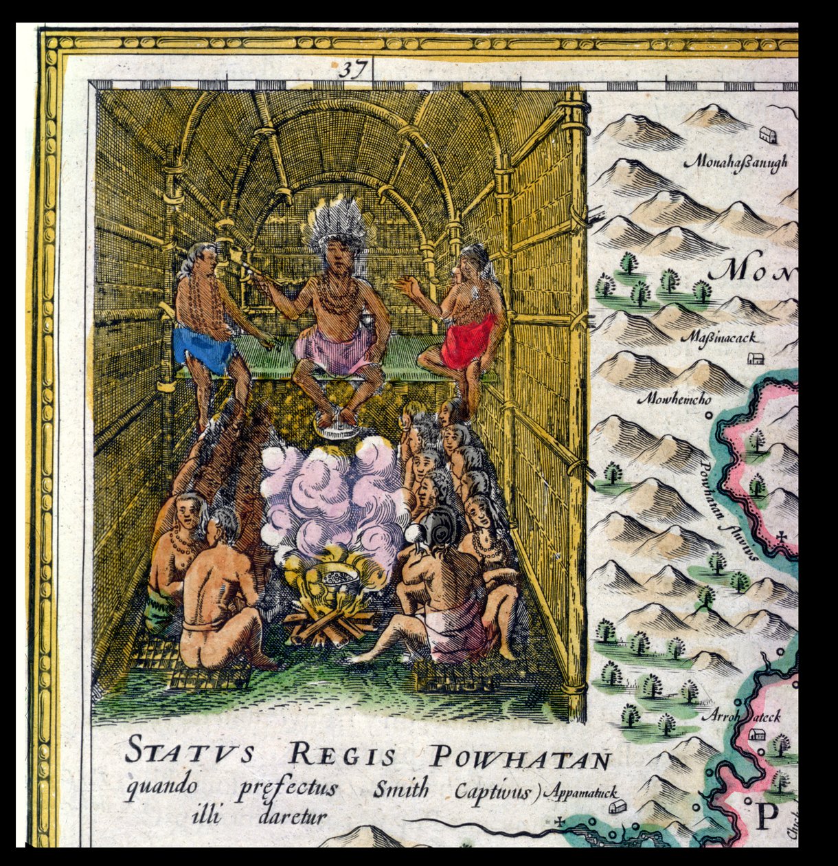जोवाडोस होंडियस (1563-1612) और डर्क ग्रिप, 1647 द्वारा उत्कीर्ण &39;नोवा वर्जीनिया तबुला&39; से विस्तार में पावट्टन जनजाति के प्रमुख द्वारा जोन ब्लाउ
