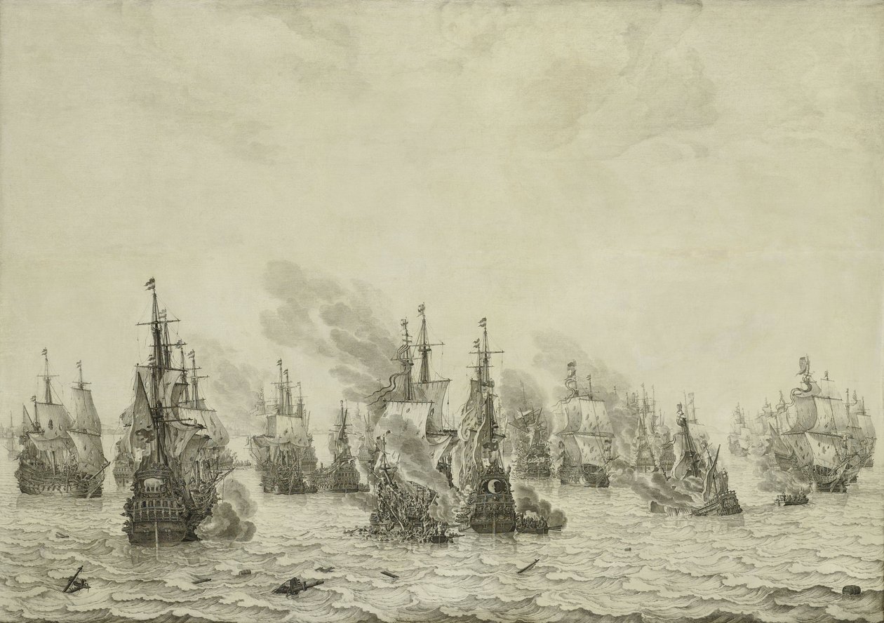 Livorno या Leghorn की लड़ाई, c.1659-99 (पैनल पर पेन पेंटिंग) द्वारा विलेम वैन डी वेल्डे द एल्डर
