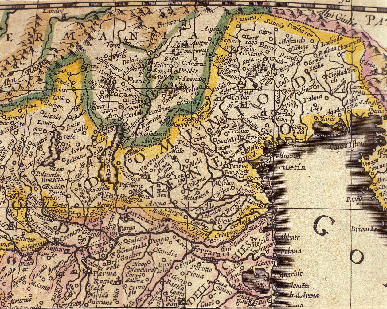 वेनिस, इटली के क्षेत्र का नक्शा। विलियम ब्लेयू का एटलस (1571 - 1638) द्वारा विलेम ब्लाउ