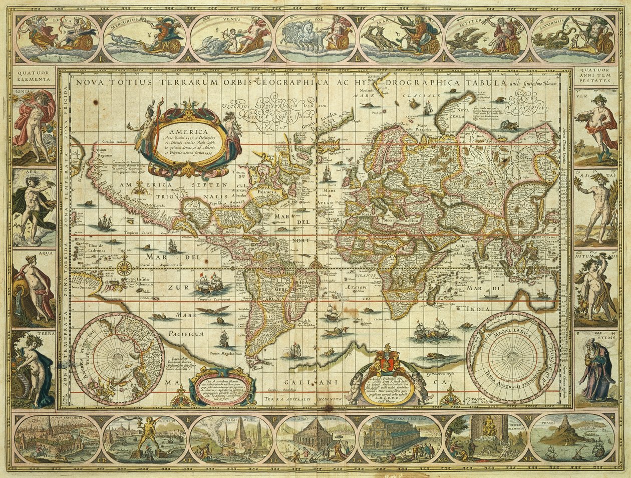 न्यू वर्ल्ड मैप और हाइड्रोग्राफिक मैप, विलेम जांज़ून ब्लैउ (1571-1638), एम्सटर्डम द्वारा विलेम ब्लाउ