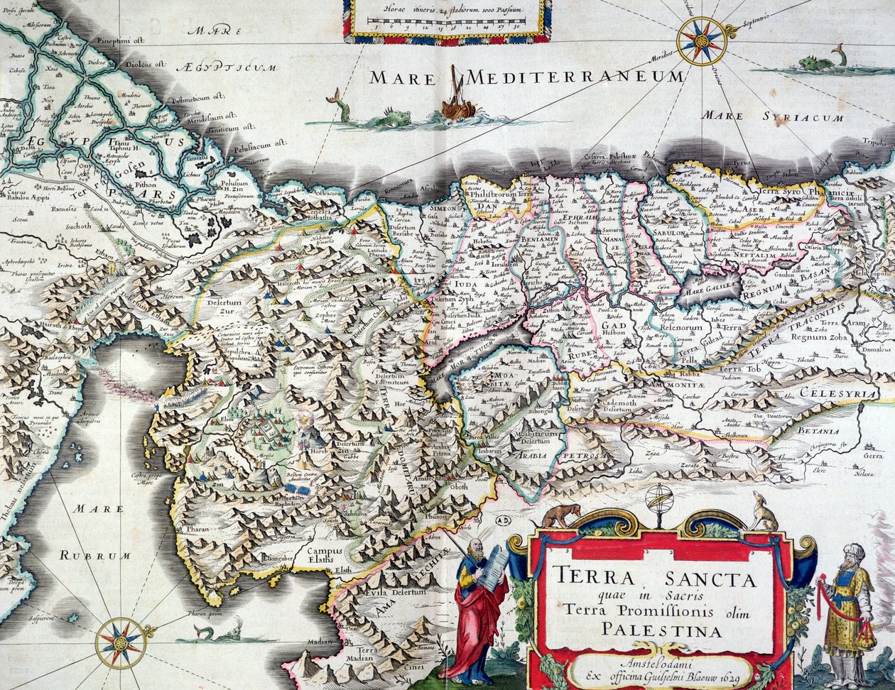 पवित्र भूमि का नक्शा, एम्स्टर्डम में प्रकाशित, 1629 (रंग उत्कीर्णन) द्वारा विलेम जांज़ून ब्लाउ